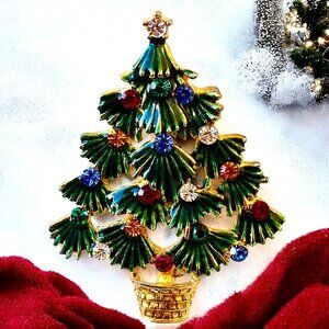 EISENBERG ICE Vintage Christmas Tree Brooch Green Enamel & Rhinestones Signed